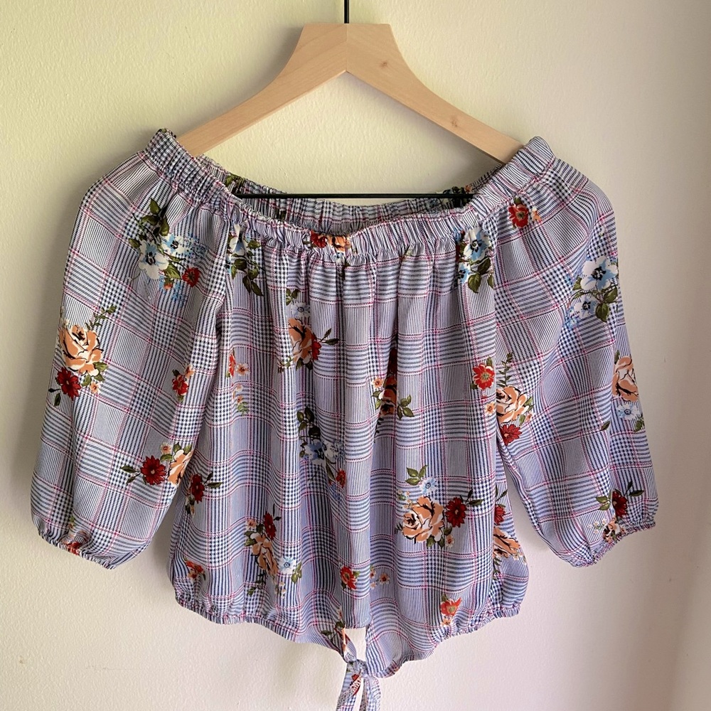 Oona & Maud tie front floral white plaid print shirt - size S
